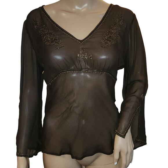 Sunny Leigh Tops - NWT Sunny Leigh Sz L 100% Silk Babydoll Brown Y2K Embroidered Sheer Fairy Top
